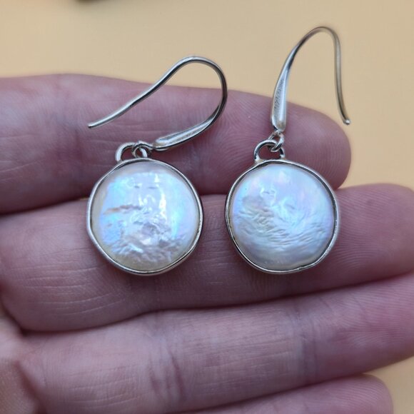 Sterling Silver Large Genuine Round Pearl Dangle Earrings A5390 - Picture 3 of 6